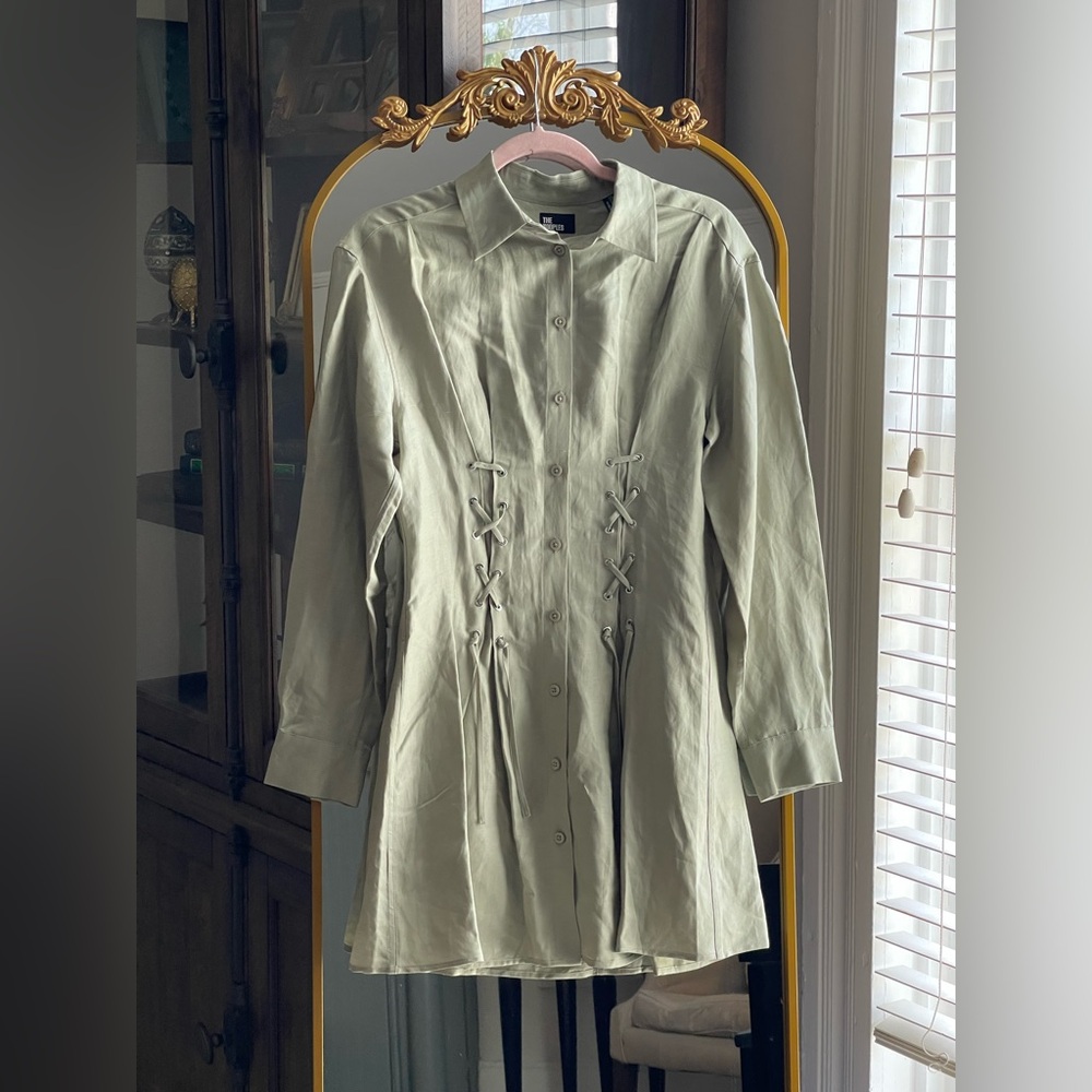 The Kooples NWT Light Sage Green Viscose Linen Button up Lace Up Mini Dress
